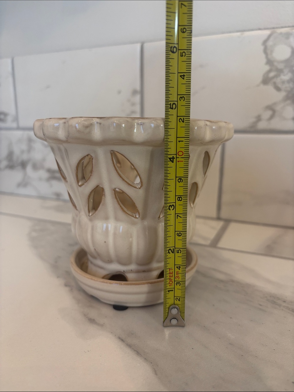Cream Ceramic Orchid Pot with Attached Saucer - Picture 6 of 6
